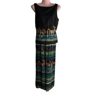 Vtg 90s Sheri Martin Petite Dress Size 10 Black Safari Jungle Zebras Giraffes